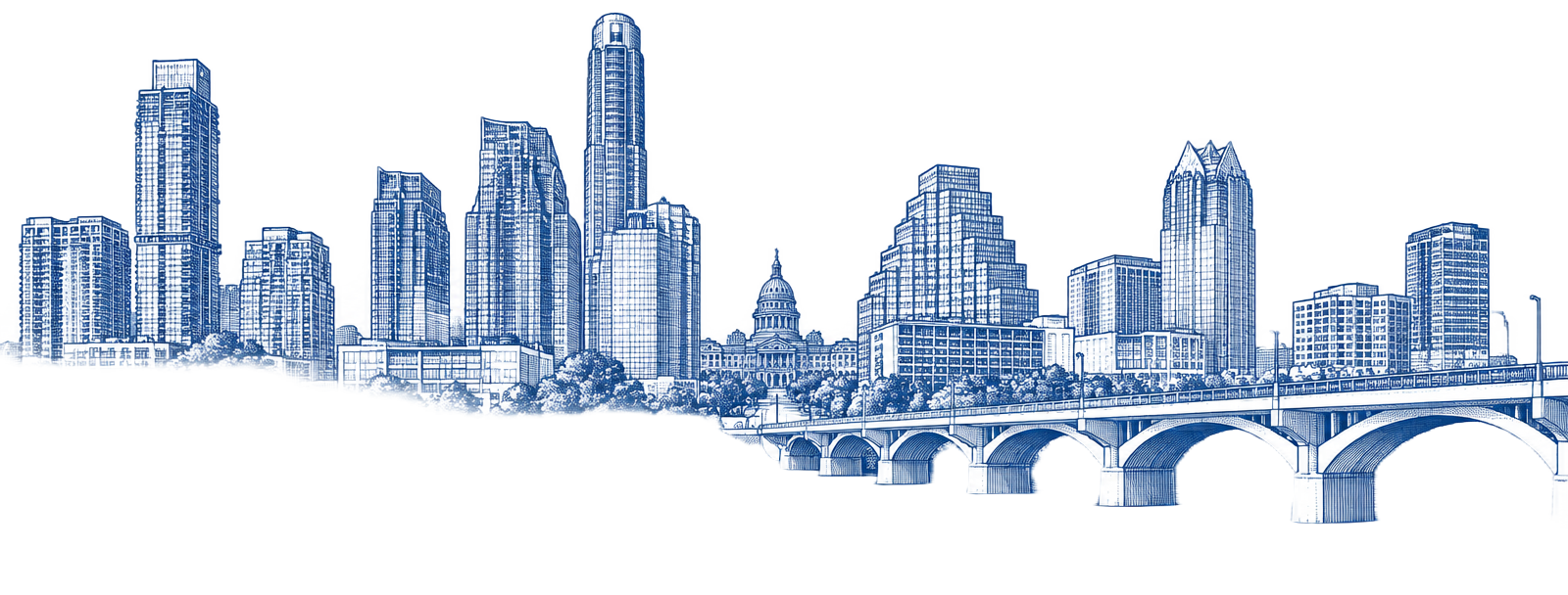 Line illustration of the Austin skyline and Congress Avenue bridge