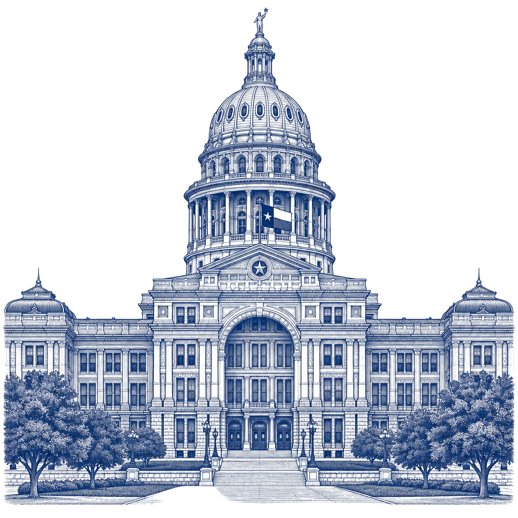 Engraved line illustration of the Texas State Capitol in Austin