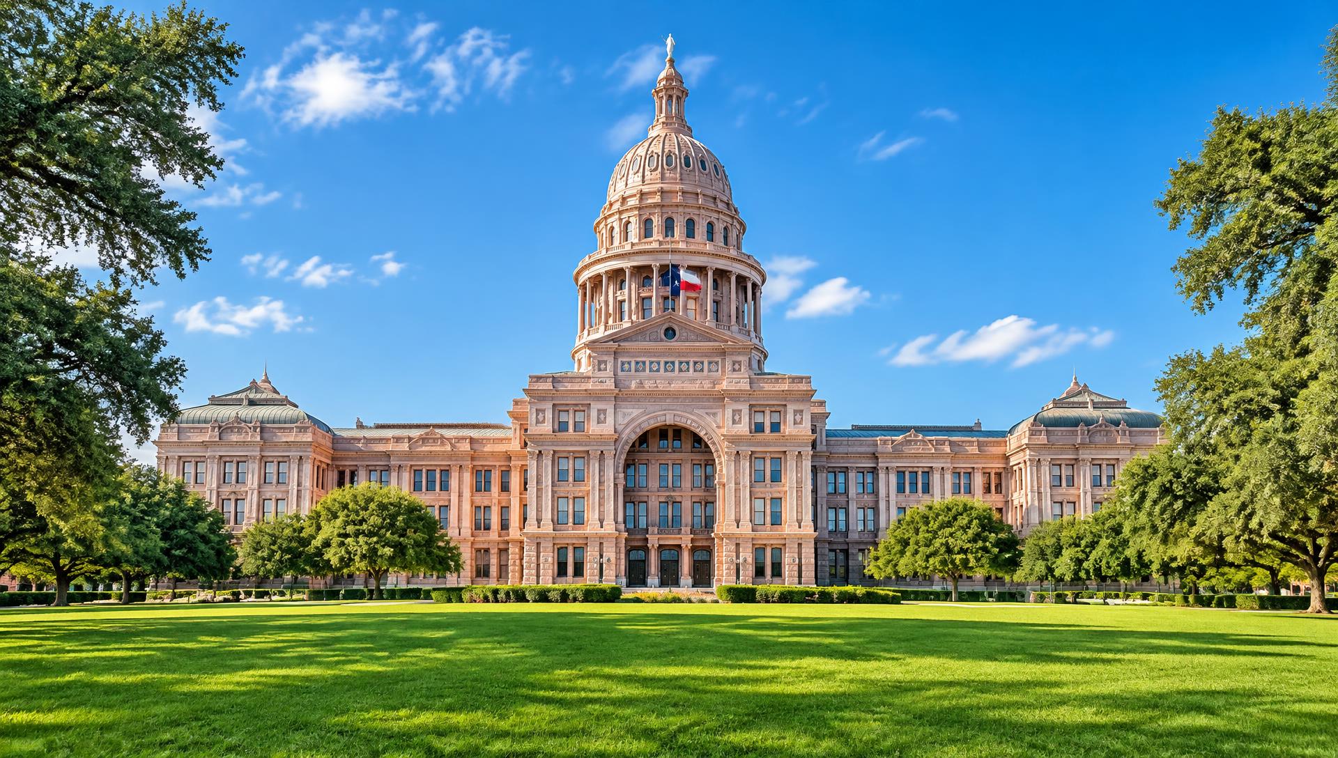 The Texas State Capitol in Austin beneath a vivid blue sky